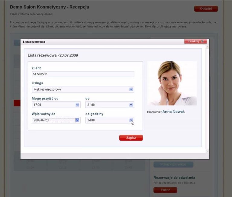 Zapisy24,Salon Kosmetyczny,Salon Fryzjerski Recepcja – wpisywanie klienta na listę rezerwową