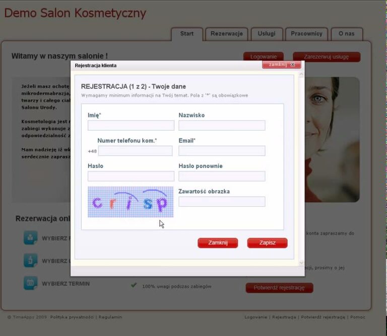 Zapisy24.pl,Salon Kosmetyczny, rejestracja Klienta na stronie salonu