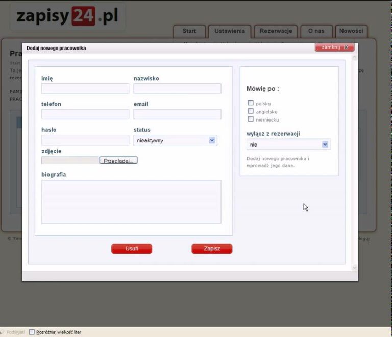Zapisy24.pl,Salon Kosmetyczny, Administracja, dodawanie pracowników
