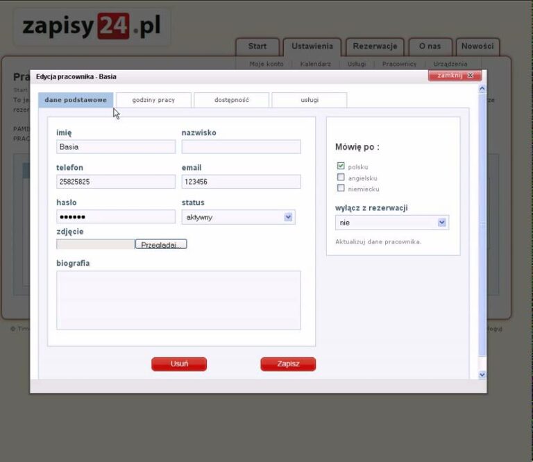 Zapisy24.pl,Salon Kosmetyczny, Administracja, dodawanie zdjęcia pracownika
