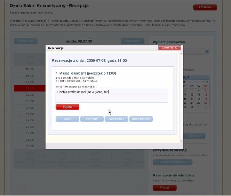 Zapisy24,salon Kosmetyczny,Salon Fryzjerski,Recepcja – dodawanie komentarzy do rezerwacji