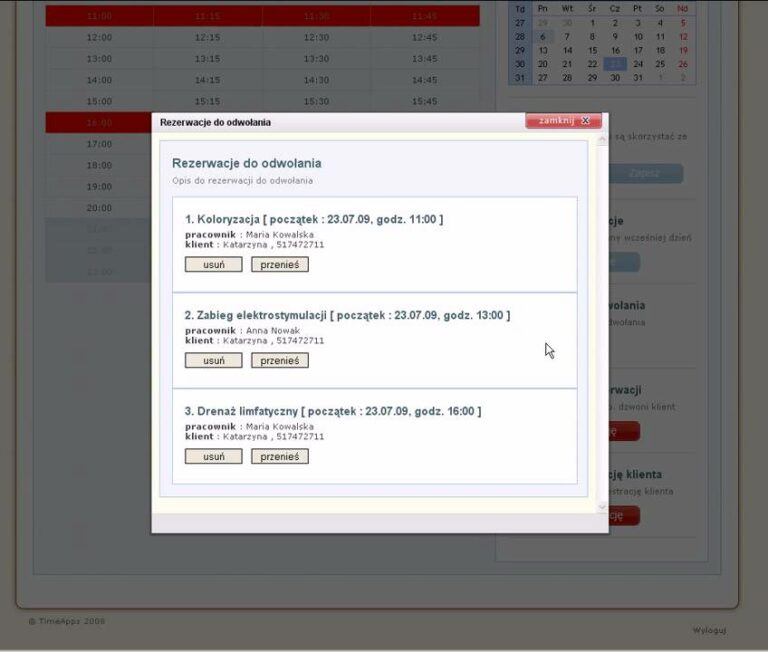 Zapisy24.pl,Salon Kosmetyczny, Recepcja, podgląd rezerwacji do odwołania