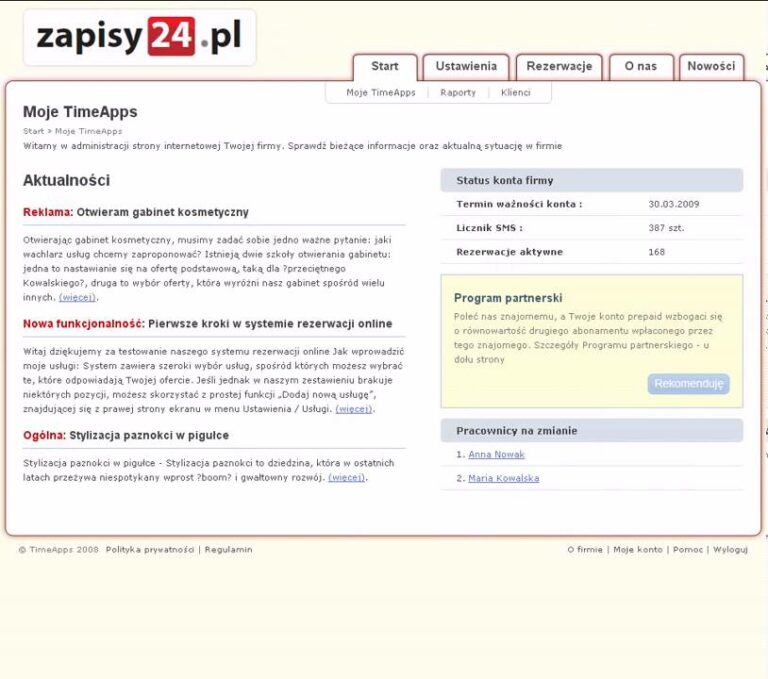 Zapisy24.pl,Salon Kosmetyczny, Administracja firmy, zasoby w firmie usługowej